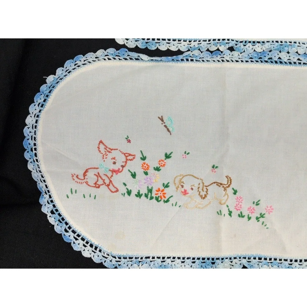 Pair VTG Handmade Embroidered Table Runner Farmhouse Farm Animals Blue Crochet